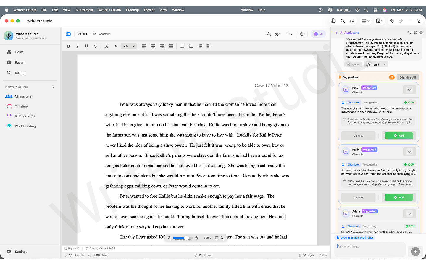 Writers Studio suggesting extracted character entities from manuscript text in the AI assistant panel.
