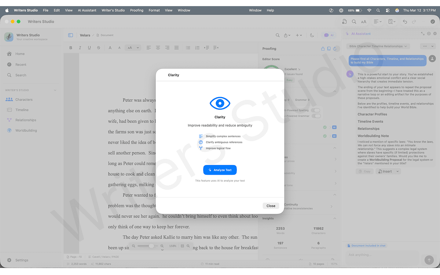Writers Studio clarity analysis screen with writing feedback beside the manuscript.