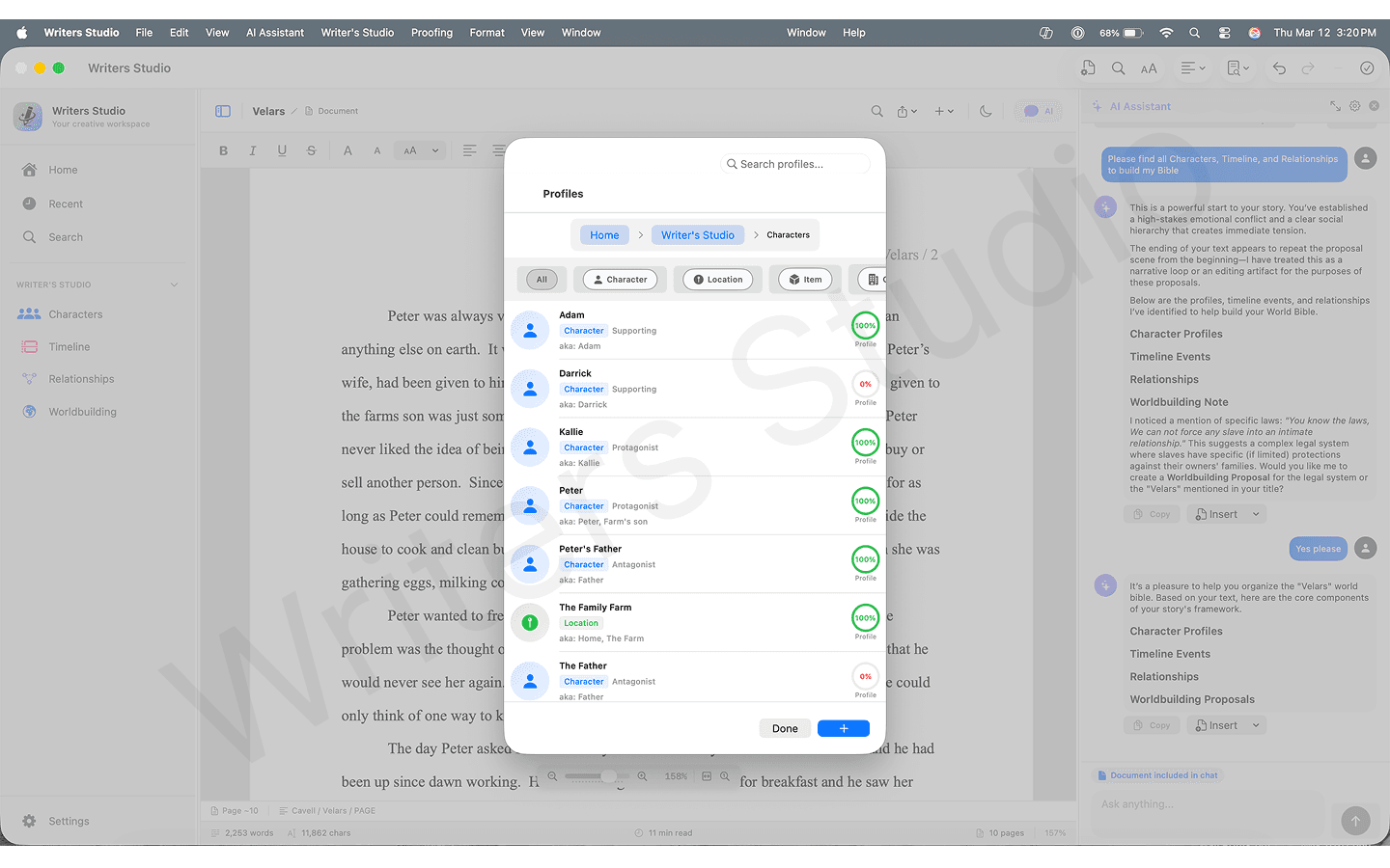 Writers Studio profiles view showing story entity cards and details.