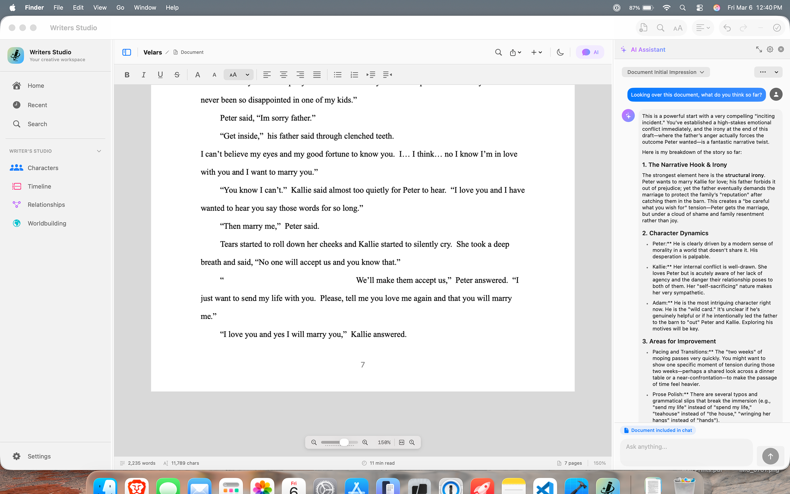 Writers Studio document editor with an AI assistant panel responding to manuscript text