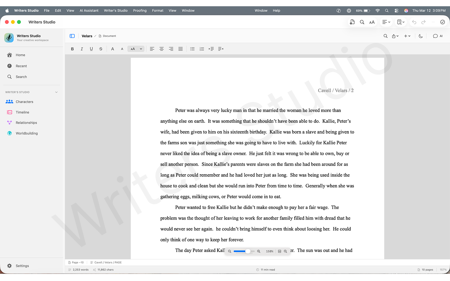 Writers Studio editor with a manuscript page centered between navigation and writing controls.